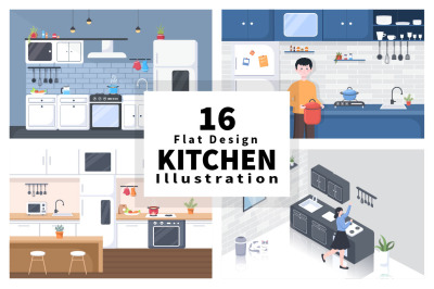 16 Kitchen Room with Furniture Background Vector Illustration