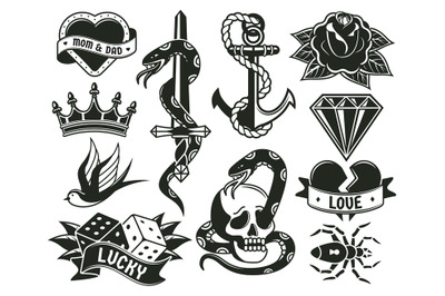 Old school tattoo symbols&2C; heart&2C; knife&2C; knot&2C; roses. Retro tattooing