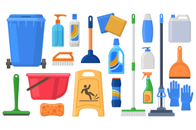 Cleaning supplies, tools, household chemicals and cleaning solutions.