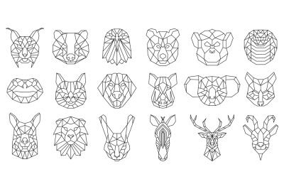 Linear polygonal animal bear&2C; snake&2C; dog geometric heads. Low poly ani