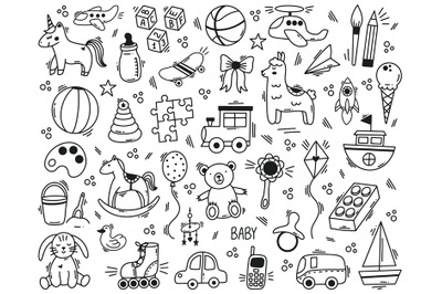 Doodle cute kids toys hand drawn elements. Kindergarten funny children