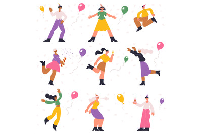 Birthday party preparation, celebration, dancing, happy characters. Pe