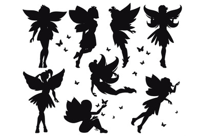 Cartoon magic fairy tale little fairies silhouettes. Magical little fa