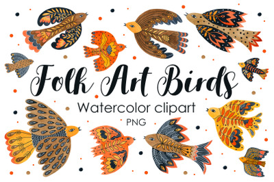 Watercolor Folk art Birds.