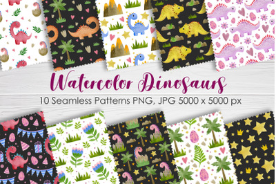 Watercolor Dinosaurs Seamless Patterns.