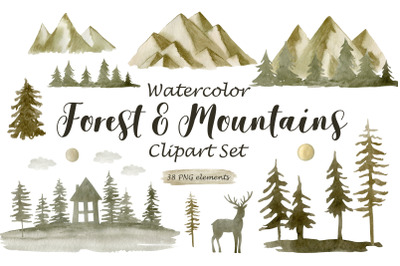 Watercolor forest &amp; mountains clipart.