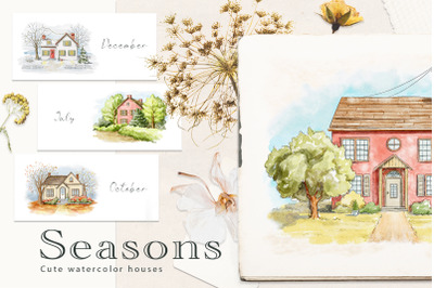 Seasons. Cute watercolor houses