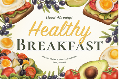 Healthy breakfast Clipart set+ 2 Pattern, PNG.