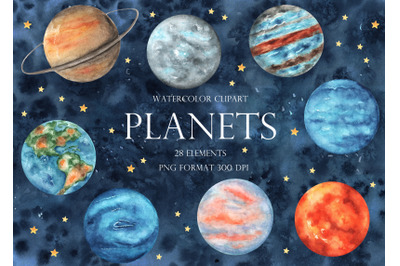 Planets watercolor clipart. Solar system. Space clipart. Starry sky.