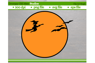 orange moon with witch and bat silhouette | Halloween design