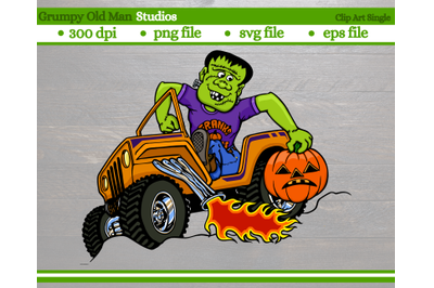 funny Frankenstein driving an orange jeep