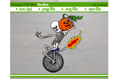 funny skeleton riding a unicycle carrying a pumpkin