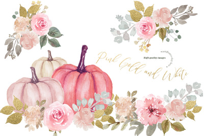 Modern Pink &amp;amp; Gold Glitter Flowers Pumpkin clipart&2C; Elegant Pumpkin