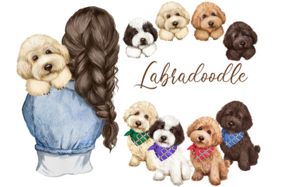 Watercolor clipart with dogs, goldendoodles, labradoodles, dog breed