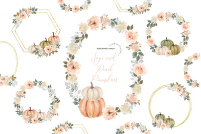 Frame Sage and Peach Pumpkins Clipart, White Cream &amp; Green Pumpkin