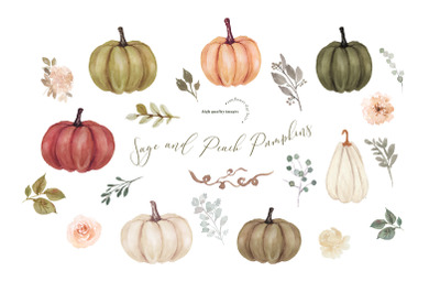 Modern Sage and Peach Pumpkin clipart, Fall autumn Floral Leaves