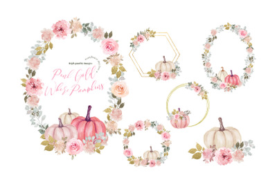 Elegant Pink &amp;amp; Gold Glitter Flowers Pumpkin Clipart&2C; Geometric Frame