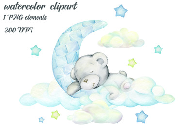 Watercolor animals clipart&2C; White Teddy bear. The moon&2C; the clouds. Wi