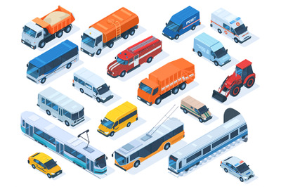 Isometric public services transport, taxi, ambulance and police car. U