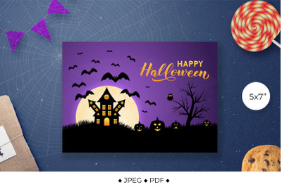 Halloween greeting card printable with haunted house