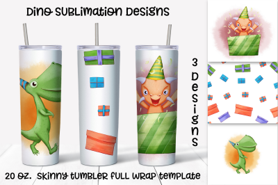 Cute Dino party sublimation design. Skinny tumbler wrap design