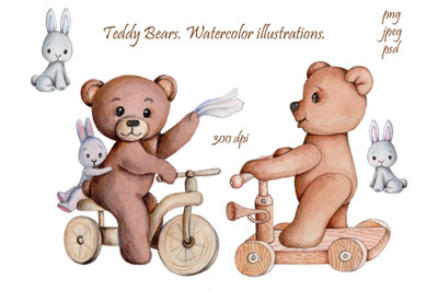 Teddy Bears. WAtercolor illustrations.