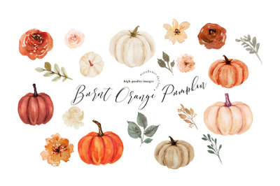 Burnt Orange Pumpkin Clipart&2C;  Boho Floral Leaves&2C; Pumpkin watercolor