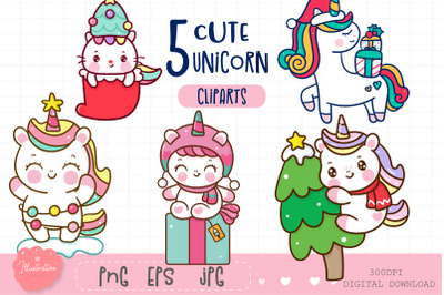 Christmas unicorn kawaii stickers pony png illustrations