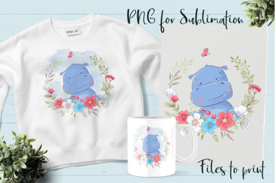 Cute hippo sublimation. Design for printing.