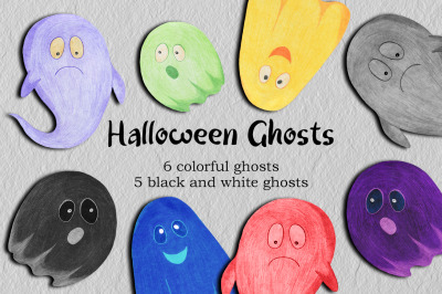 Halloween Ghosts Clipart Drawn by Colored Pencils.