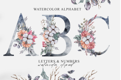 Floral alphabet clipart. Watercolor letters &amp; numbers
