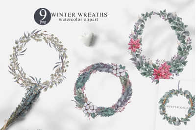 Watercolor floral Christmas wreath clipart for sublimation
