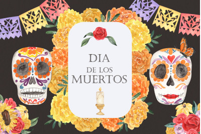 Dia de los Muertos Watercolor Sugar Skulls and Marigolds