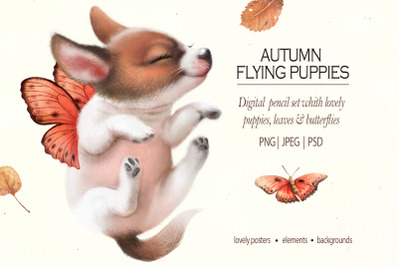 Autumn flying puppies digital pencil