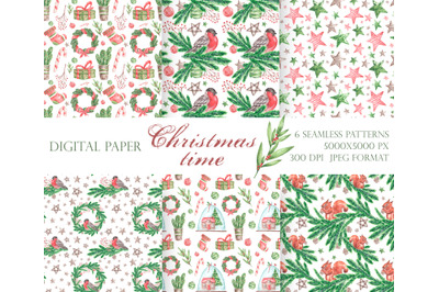 Christmas seamless pattern. New year pattern. Digital paper. Bullfinch