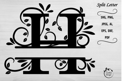 Letter H. Split monogram letter H. Floral alphabet SVG, DXF