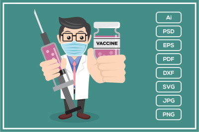 A Doctor holding syringe and vaccine bottle design illustration