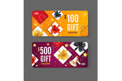Gift Voucher Coupon Set with Realistic Detailed 3d Elements . Vector