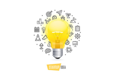 Startup Concept with Realistic Detailed 3d Lightbulb. Vector