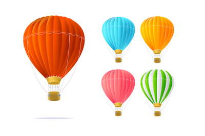 Realistic Detailed 3d Different Color Hotair Ballon Set. Vector