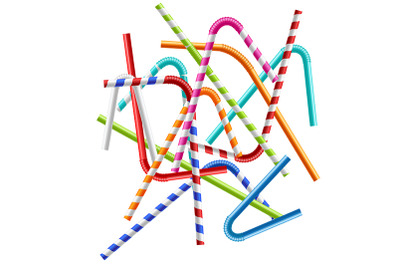 Realistic Detailed 3d Different Color Plastic Straw Set. Vector