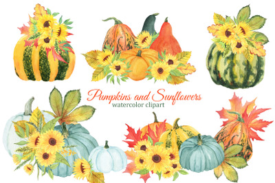 Autumn pumpkins and sunflowers