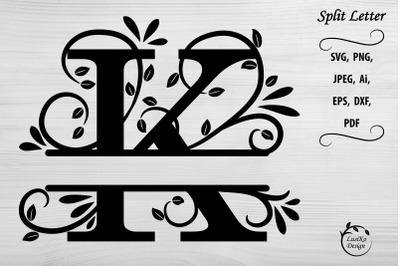 Letter K. Split monogram letter K. Floral alphabet SVG, DXF
