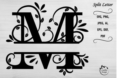 Letter M. Split monogram letter M. Floral alphabet SVG, DXF