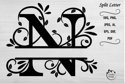 Letter N. Split monogram letter N. Floral alphabet SVG, DXF