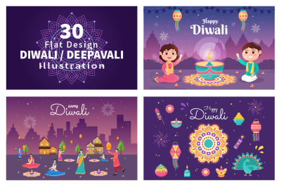 30 Indian Celebrating Diwali Day Illustration