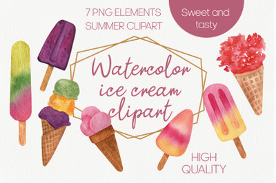 Watercolor ice cream. Summer clipart
