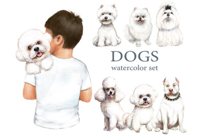 White dogs watercolor set, dogs clipart, dogs png set, favorite pet