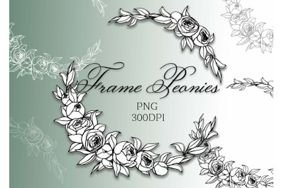 Wreath frame with peonies graphic line Hand painted png