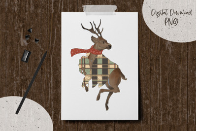 Deer in Clothes. Animalistic Winter Print PNG. Sublimation Design.